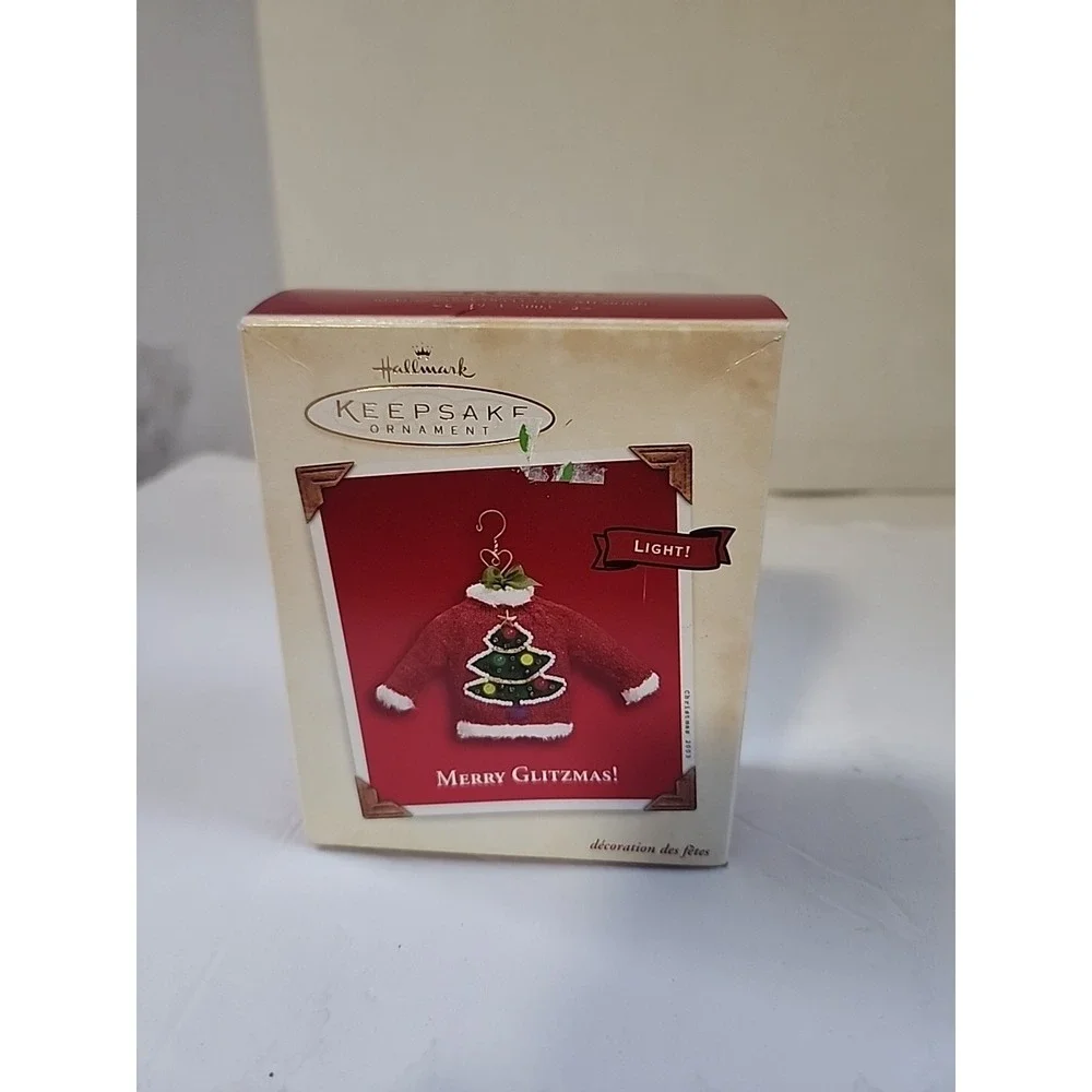 2003 Hallmark Merry Glitzmas Sweater on Hanger Christmas Ornament Lights!